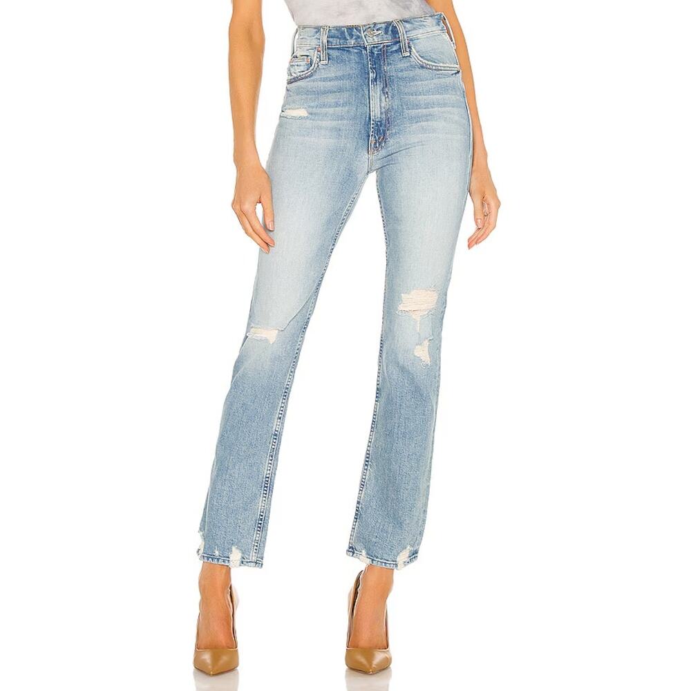 MOTHER Straight Leg Jeans in Light Blue Distressed Wash